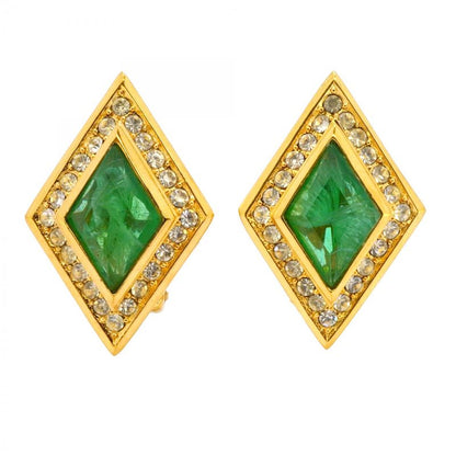 Christian Dior Earring Rhombus GP Plated Rhinestone Color Stone Gold Green
