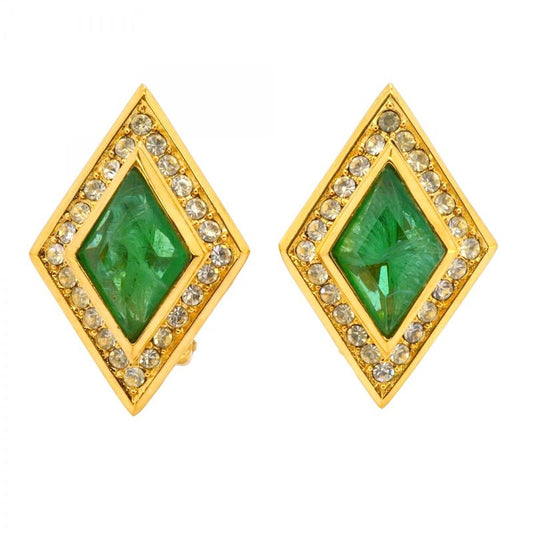 Christian Dior Earring Rhombus GP Plated Rhinestone Color Stone Gold Green