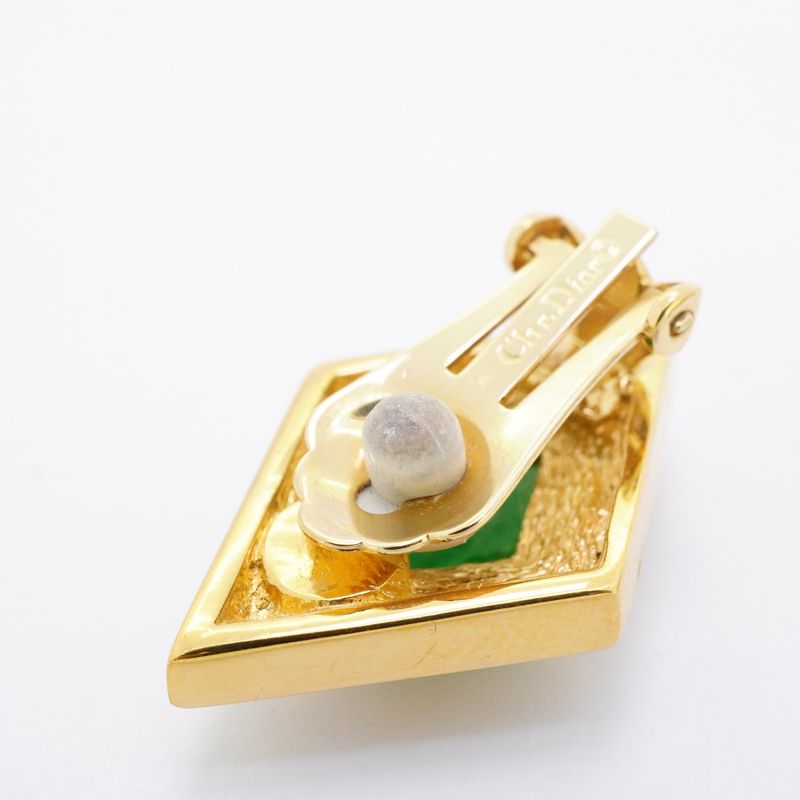 Christian Dior Earring Rhombus GP Plated Rhinestone Color Stone Gold Green
