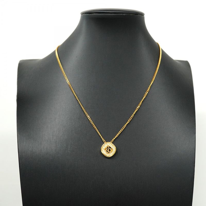 Christian Dior Necklace CD Logo GP Plated Rhinestone Gold Ladies