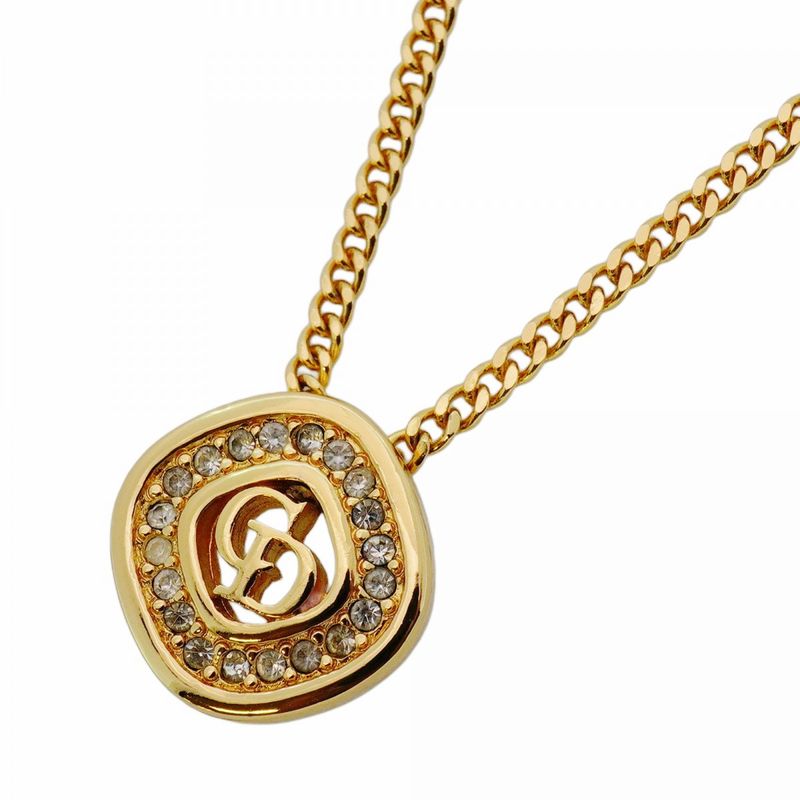 Christian Dior Necklace CD Logo GP Plated Rhinestone Gold Ladies