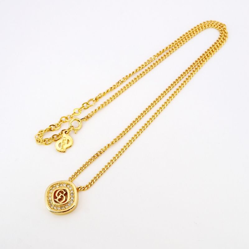 Christian Dior Necklace CD Logo GP Plated Rhinestone Gold Ladies