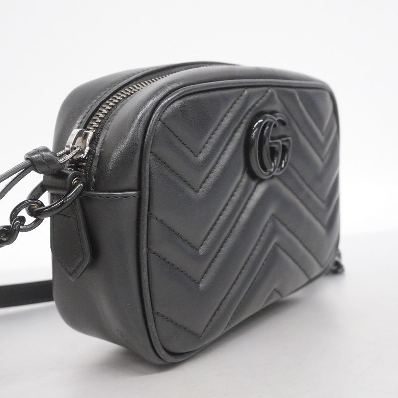 Gucci Shoulder Bag GG Marmont 634936 Leather Black Silver Hardware Women