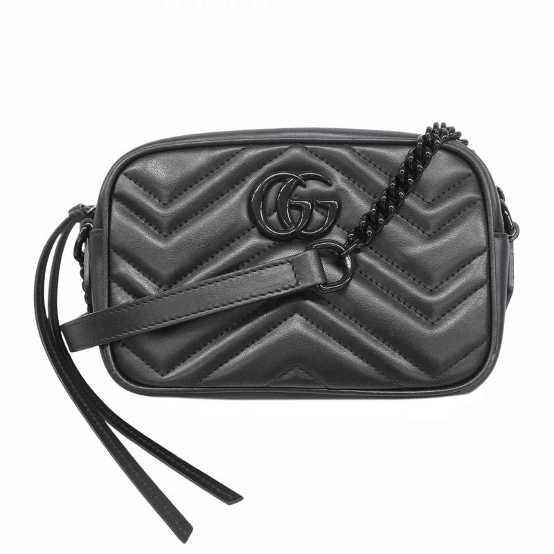 Gucci Shoulder Bag GG Marmont 634936 Leather Black Silver Hardware Women
