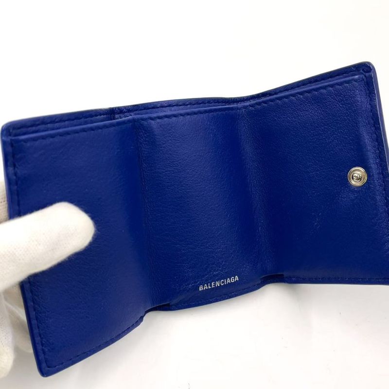 Balenciaga Paper Mini Leather Blue Trifold Wallet Silver