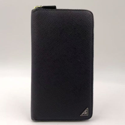 Prada Round Zipper Leather Black And Blue Wallet Silver