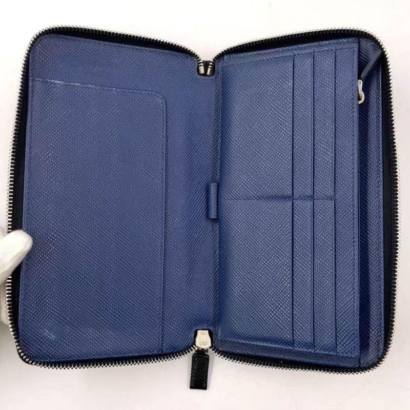 Prada Round Zipper Leather Black And Blue Wallet Silver