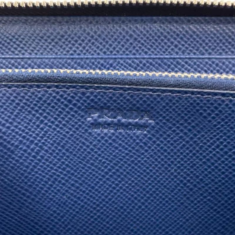 Prada Round Zipper Leather Black And Blue Wallet Silver