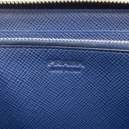 Prada Round Zipper Leather Black And Blue Wallet Silver