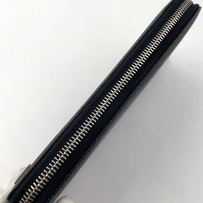 Prada Round Zipper Leather Black And Blue Wallet Silver