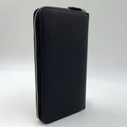 Prada Round Zipper Leather Black And Blue Wallet Silver