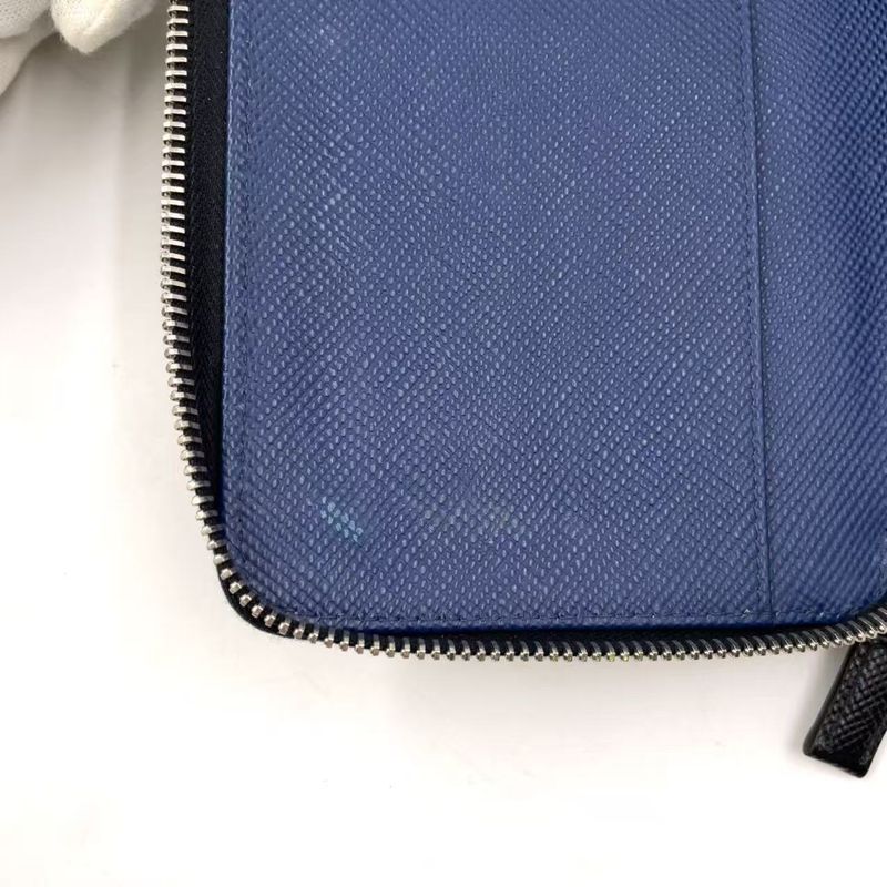 Prada Round Zipper Leather Black And Blue Wallet Silver