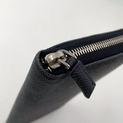 Prada Round Zipper Leather Black And Blue Wallet Silver