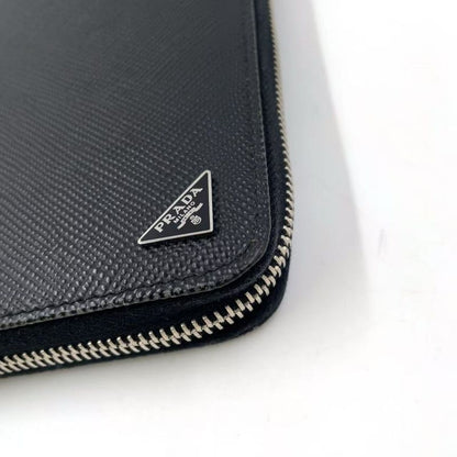 Prada Round Zipper Leather Black And Blue Wallet Silver