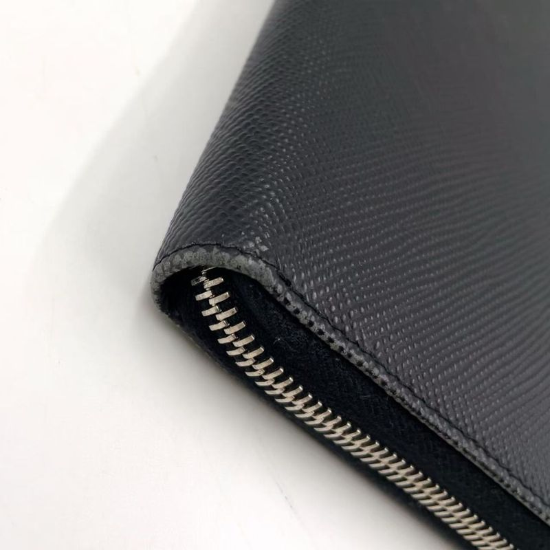 Prada Round Zipper Leather Black And Blue Wallet Silver