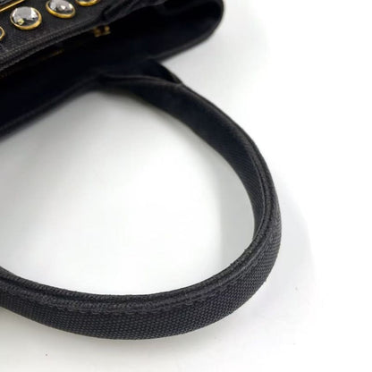 Prada Canapa Studded Triangle Plate Tote Canvas Black Handbag Gold