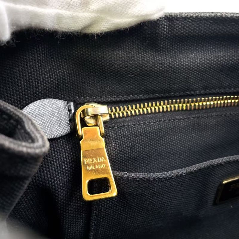 Prada Canapa Studded Triangle Plate Tote Canvas Black Handbag Gold