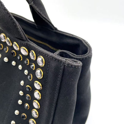 Prada Canapa Studded Triangle Plate Tote Canvas Black Handbag Gold