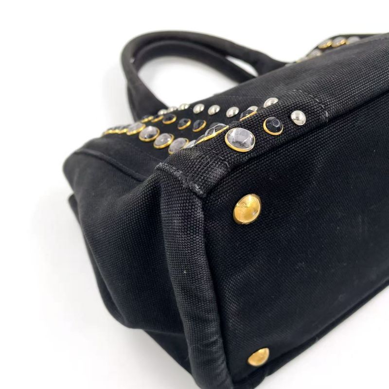 Prada Canapa Studded Triangle Plate Tote Canvas Black Handbag Gold