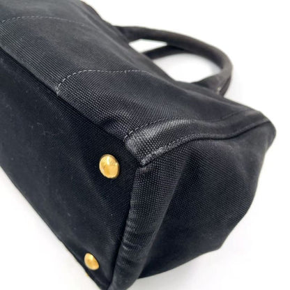 Prada Canapa Studded Triangle Plate Tote Canvas Black Handbag Gold