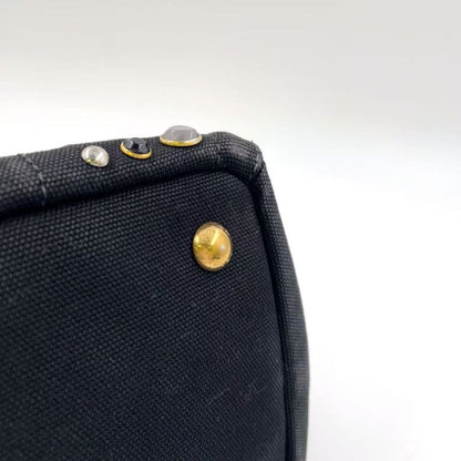 Prada Canapa Studded Triangle Plate Tote Canvas Black Handbag Gold