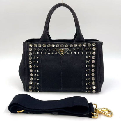 Prada Canapa Studded Triangle Plate Tote Canvas Black Handbag Gold
