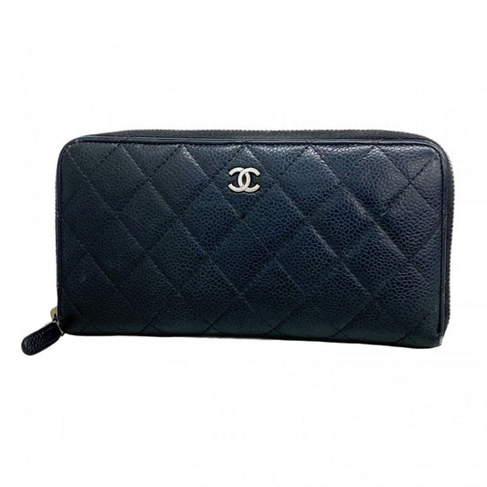 Chanel Long Wallet Matelasse Caviar Skin Black Silver Hardware Women