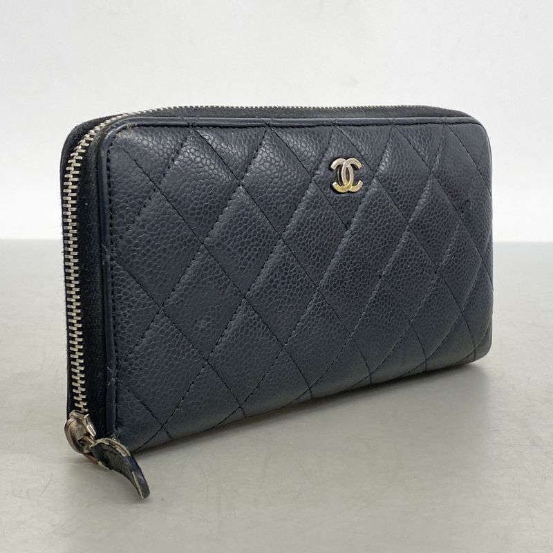 Chanel Long Wallet Matelasse Caviar Skin Black Silver Hardware Women