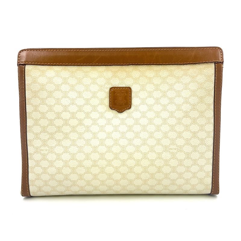 Celine Macadam Pattern Leather X PVC Off-white And Brown Clutch Bag Gold M08