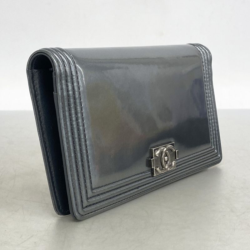 Chanel Long Wallet Boy Chanel Enamel Gray Silver Hardware Women