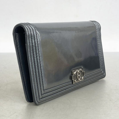 Chanel Long Wallet Boy Chanel Enamel Gray Silver Hardware Women