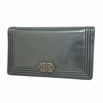 Chanel Long Wallet Boy Chanel Enamel Gray Silver Hardware Women