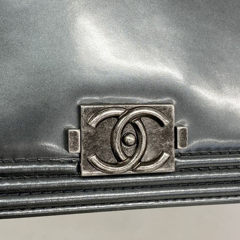 Chanel Long Wallet Boy Chanel Enamel Gray Silver Hardware Women