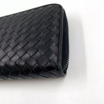 Bottega Veneta Intrecciato Round Zip Leather Black Long Wallet Black