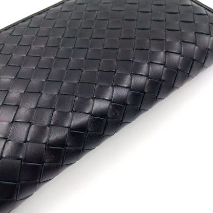 Bottega Veneta Intrecciato Round Zip Leather Black Long Wallet Black