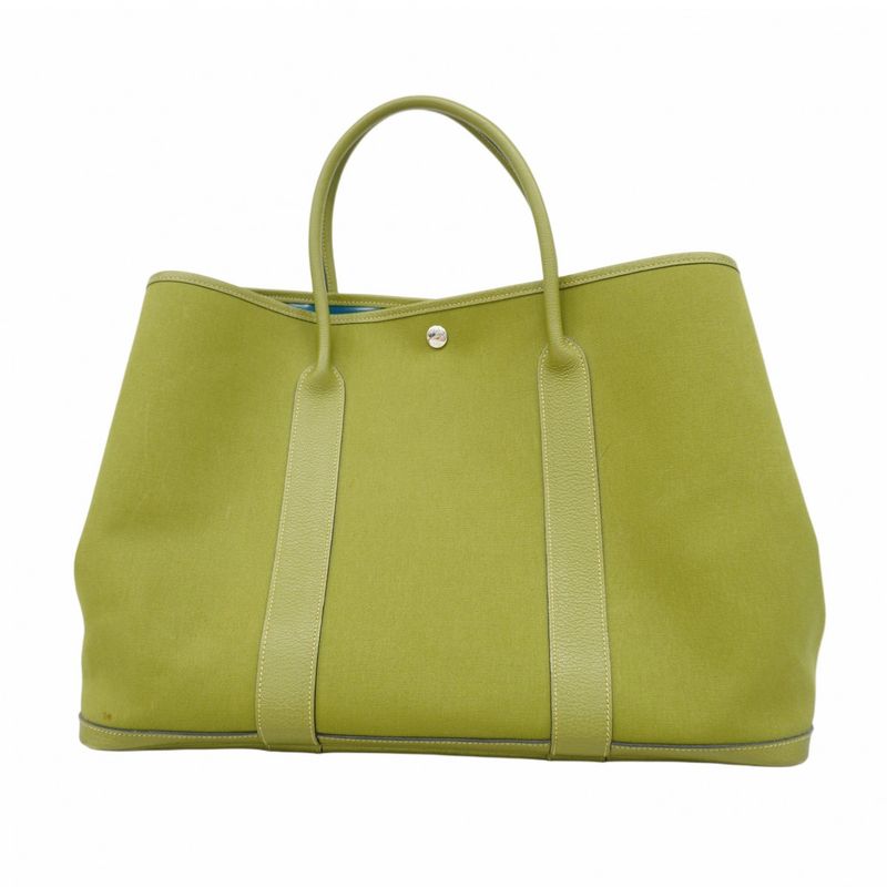 Hermes Tote Bag Garden Party MM Toile Officier Anise Green/cobalt □J Engraved