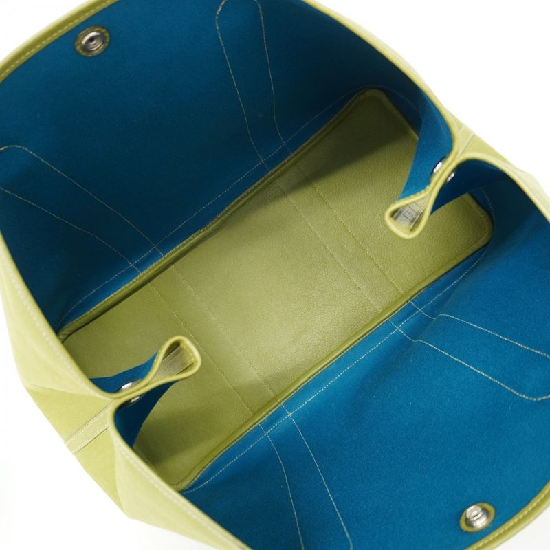 Hermes Tote Bag Garden Party MM Toile Officier Anise Green/cobalt □J Engraved