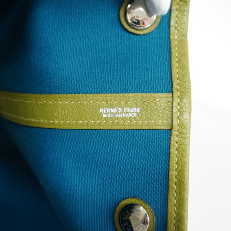 Hermes Tote Bag Garden Party MM Toile Officier Anise Green/cobalt □J Engraved