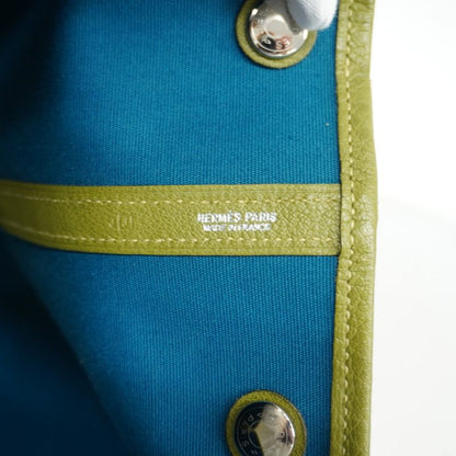 Hermes Tote Bag Garden Party MM Toile Officier Anise Green/cobalt □J Engraved