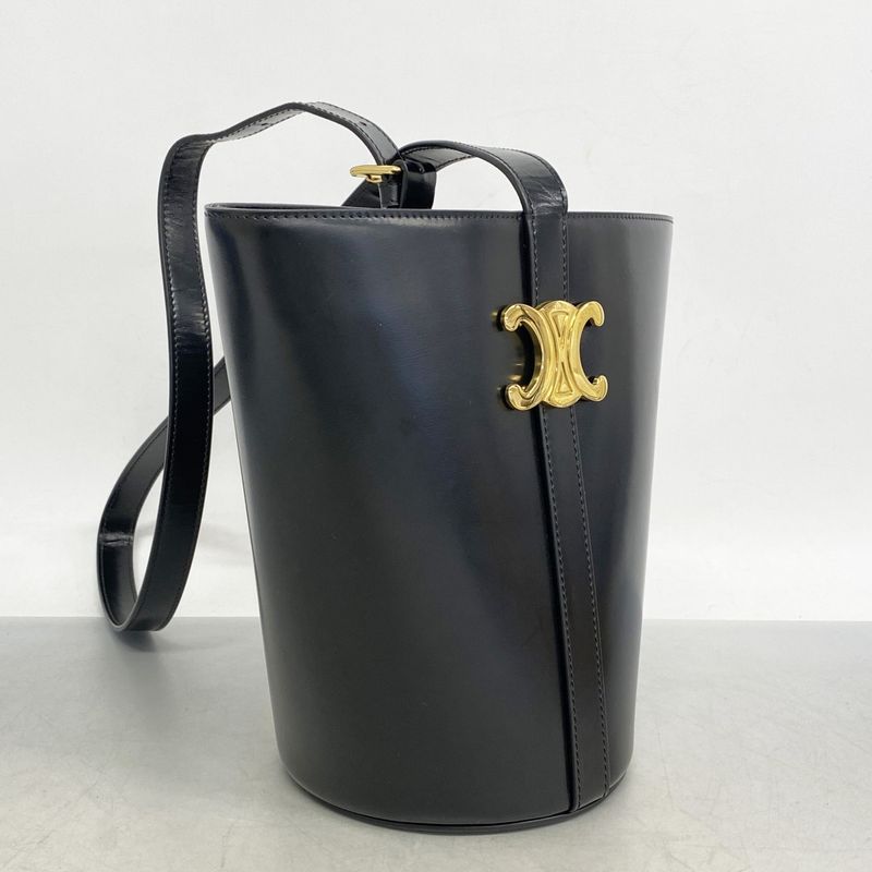 Celine Shoulder Bag Triomphe Leather Black Gold Hardware Women