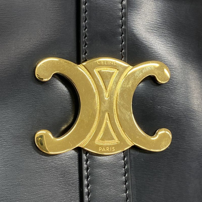 Celine Shoulder Bag Triomphe Leather Black Gold Hardware Women