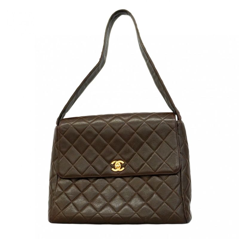 Chanel Shoulder Bag Matelasse Caviar Skin Brown Gold Hardware Women
