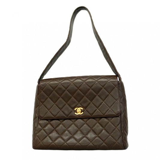 Chanel Shoulder Bag Matelasse Caviar Skin Brown Gold Hardware Women