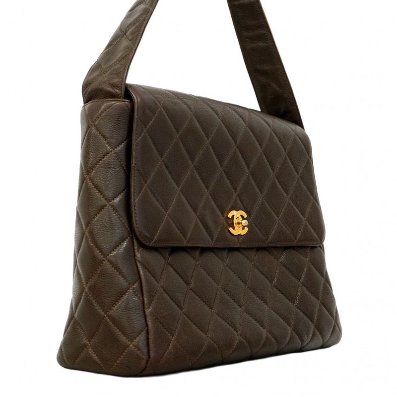 Chanel Shoulder Bag Matelasse Caviar Skin Brown Gold Hardware Women