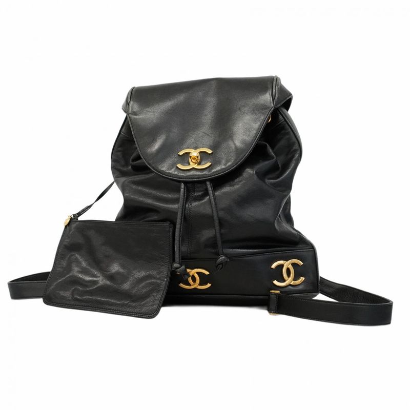 Chanel Backpack Daypack Triple Coco Lambskin Black Gold Hardware Women