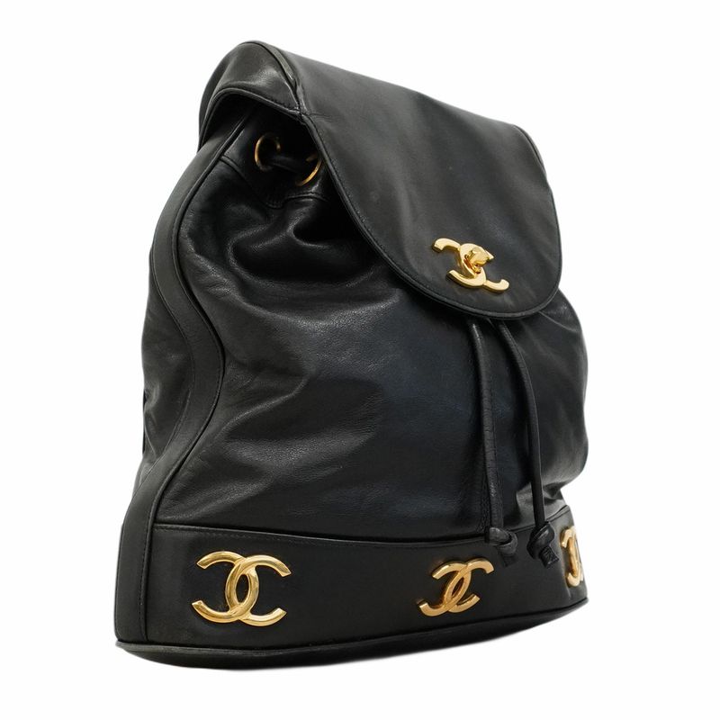 Chanel Backpack Daypack Triple Coco Lambskin Black Gold Hardware Women