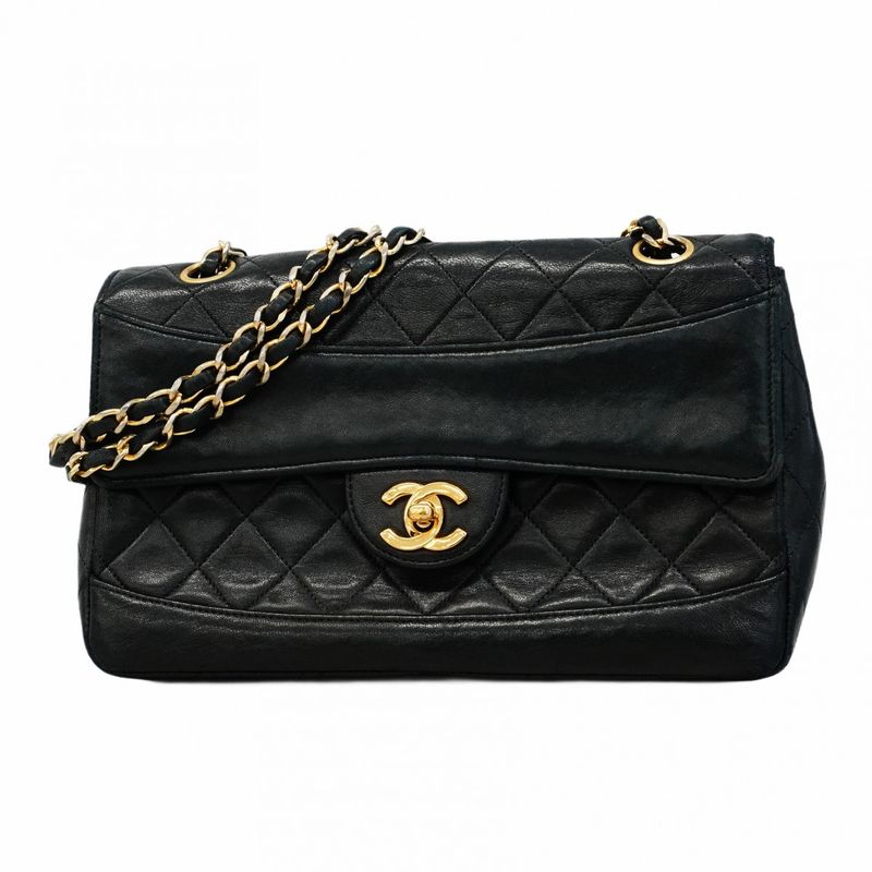 Chanel Shoulder Bag Matelasse Lambskin Black Gold Hardware Women