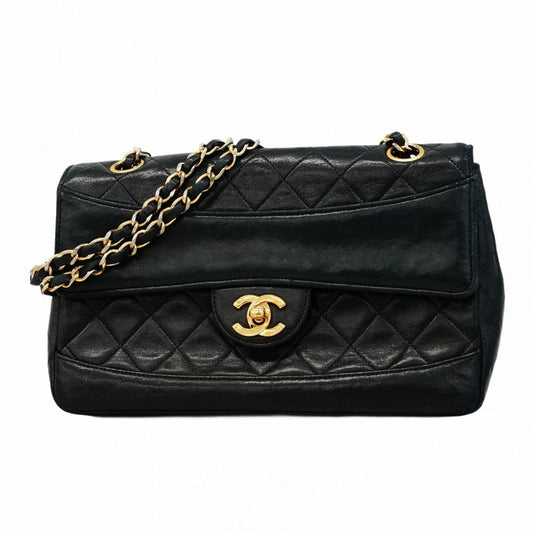 Chanel Shoulder Bag Matelasse Lambskin Black Gold Hardware Women