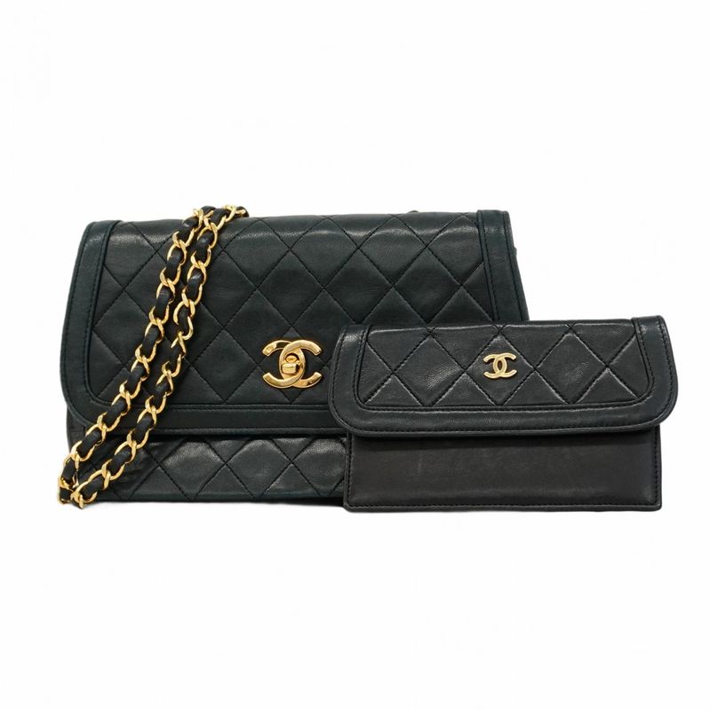 Chanel Shoulder Bag Matelasse Lambskin Black Gold Hardware Women