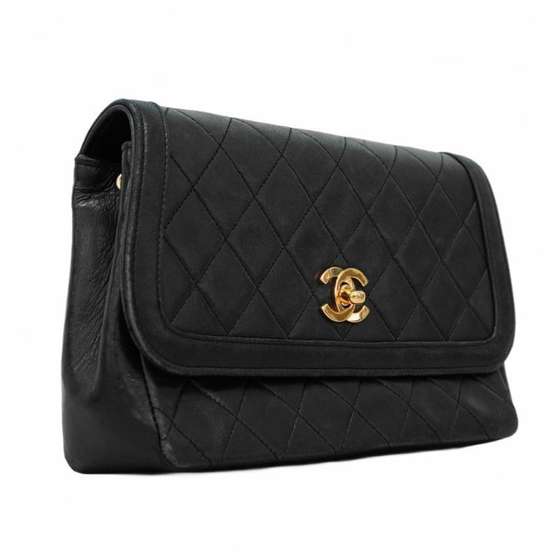 Chanel Shoulder Bag Matelasse Lambskin Black Gold Hardware Women